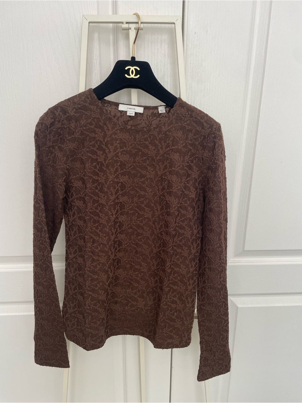 Vince Brown Leaf-Textured Long Sleeve Crew Top